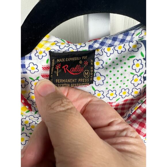 60s 70s Radlee Medium Patchwork White Floral Snap Front House Coat Dress - Picture 5 of 6